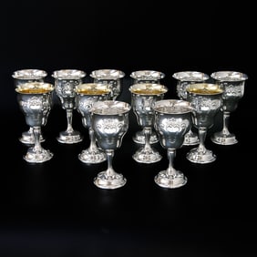 Gorham Sterling Silver Goblets, Twelve Total, in Chantilly Pattern