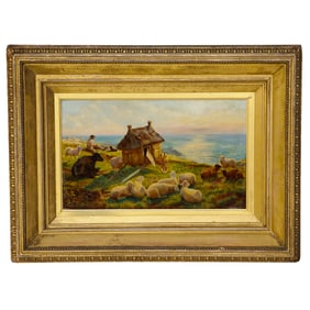 Antique Coastal Farm Scene, Oil on Artist Board, Signed H. W. B. Davis