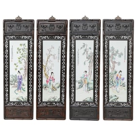 Vintage Framed Japanese Porcelain Wall Plaques, Four Total