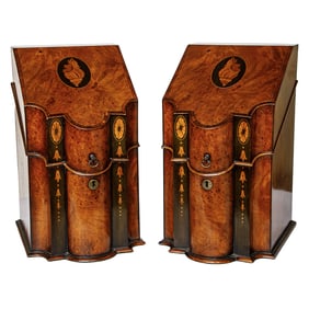 English Bench Made Walnut Inlaid Knife Boxes, Pair