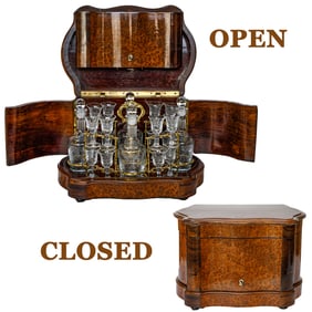 Late 19th/Early 20th C. French Napoleon III Style Burl Mulberry and Rosewood Cave a Liquor/Tantalus