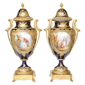 Late 19th C. French Sevres Style Urns with Lids, Pair