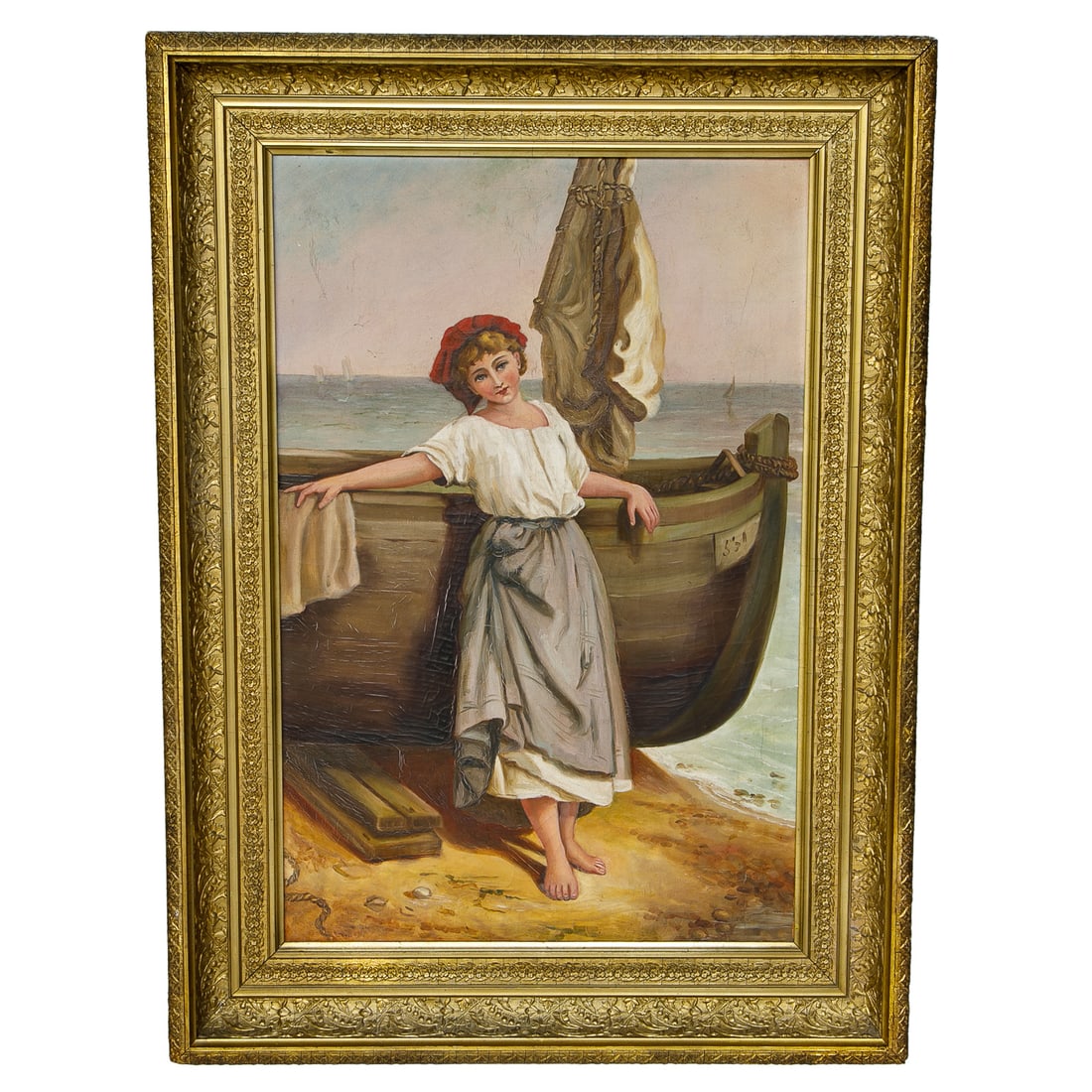 Full Length Coastal Portrait, Oil on Canvas: Full Length Coastal Portrait, Oil on Canvas, Depicting Lady with Arms Outstretched Across Boat with Sail, Housed in Ornate Gold Leaf Frame Featuring Floral and Leaf Designs. 28" Wide, 3" Deep, 38" Hig