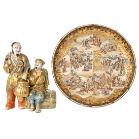 19th C. Satsuma Porcelain Figural Grouping and Platter, Two Total Pieces