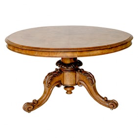 19th C. English Oyster Burl Walnut and Pollard Oak Circular Breakfast Table