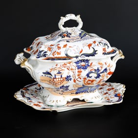 Late 19th C. English Ironstone Tureen and Under Plate With Imari Decorations