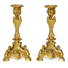 19th C. French Renaissance Style Dore Bronze Candlesticks, Pair