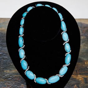 17 Inch 14K White Gold, Turquoise and Diamond Necklace