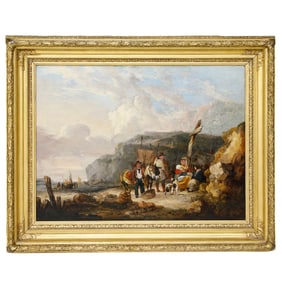 19th C. Dutch Fishing Village Scene, Oil on Canvas