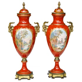French Porcelain Sevres Style Urns, Pair
