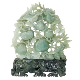 Vintage Pierced and Carved Jade Pomegranate Sculpture on Carved Jade Base
