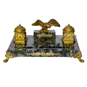 Late 19th C. Louis XVI Style Bronze Ormolu and Verde Marble Inkwell