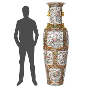 Unusual Antique Rose Canton Style Palace Urn/ Temple Vase