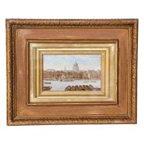 English River Scene, Oil on Artist Board, Depicting St. Paul's Cathedral