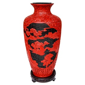 Vintage Chinese Cinnabar Red and Black Lacquered Vase