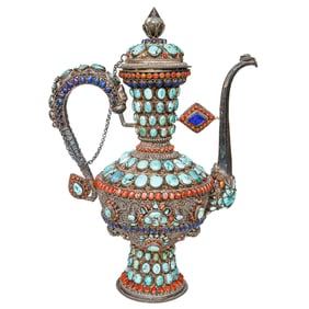 Vintage Tibetan Copper and Silver Filigree Tea Pot Adorned with Semi Precious Stones