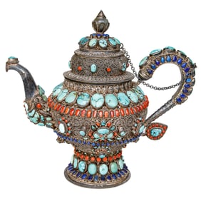 Vintage Tibetan Copper and Silver Filigree Tea Pot Adorned with Semi Precious Stones