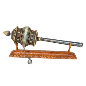Vintage Tibetan Silver and Copper Prayer Wheel Adorned with Semi Precious Stones