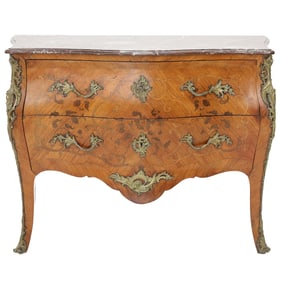 19th C. Louis XV Style Kingswood Marble Top Bombe Commode