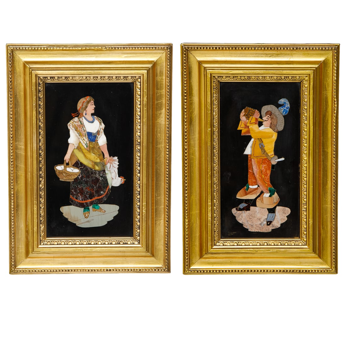 Vintage Italian Pietra Dura Style Plaques, Companion Pair: Vintage Italian Pietra Dura Style Plaques, Companion Pair, Includes One Male Figure Drinking From Jug, Wearing Hat, Having Sword, and Pantaloons and Boots, Along With One Female Holding Chicken in One