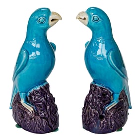 Late 19th C. Chinese Export Glazed Turquoise Parrots, Pair