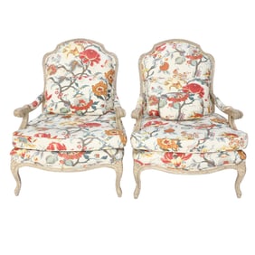 French Louis XV Style Painted and Distressed Upholstered Bergere Chairs, Pair
