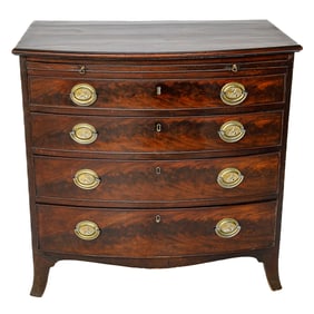 19th C. Sheraton Style English Mahogany Bow Front Chest of Drawers