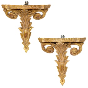 Antique English Carved Gilt Wood Wall Brackets, Pair