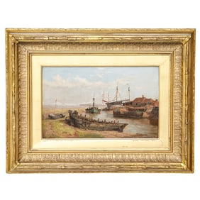 19th C. George Cammidge (Great Britain, 1846-1916) Harbor Scene, Oil on Artist Board