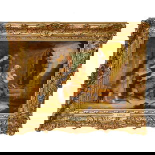 Antique Cobbler Scene, Oil on Canvas: Antique Cobbler Scene, Oil on Canvas, Depicting Cobbler at Work Accompanied by Female Behind Curtain, Male Patron, and Black Cat, Housed in Gold Leaf Frame Featuring Floral and Leaf Designs, Brass Art