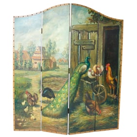 Four Panel Painted Barnyard Scene Floor Screen