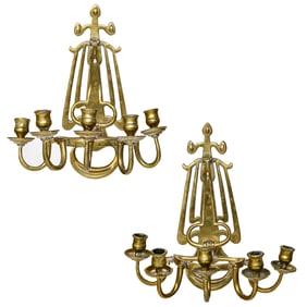Antique Brass Five Branch Wall Sconces, Pair