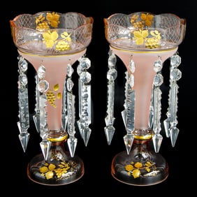 Vintage Victorian Frosted Pink and Glass Mantle Lustres, Pair