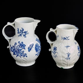 Late 18th/Early19th C. Worcester Cabbage Leaf Mask Jugs, Two Total