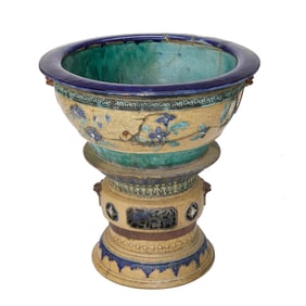 Two Part Asian Inspired Glazed Pottery Planter