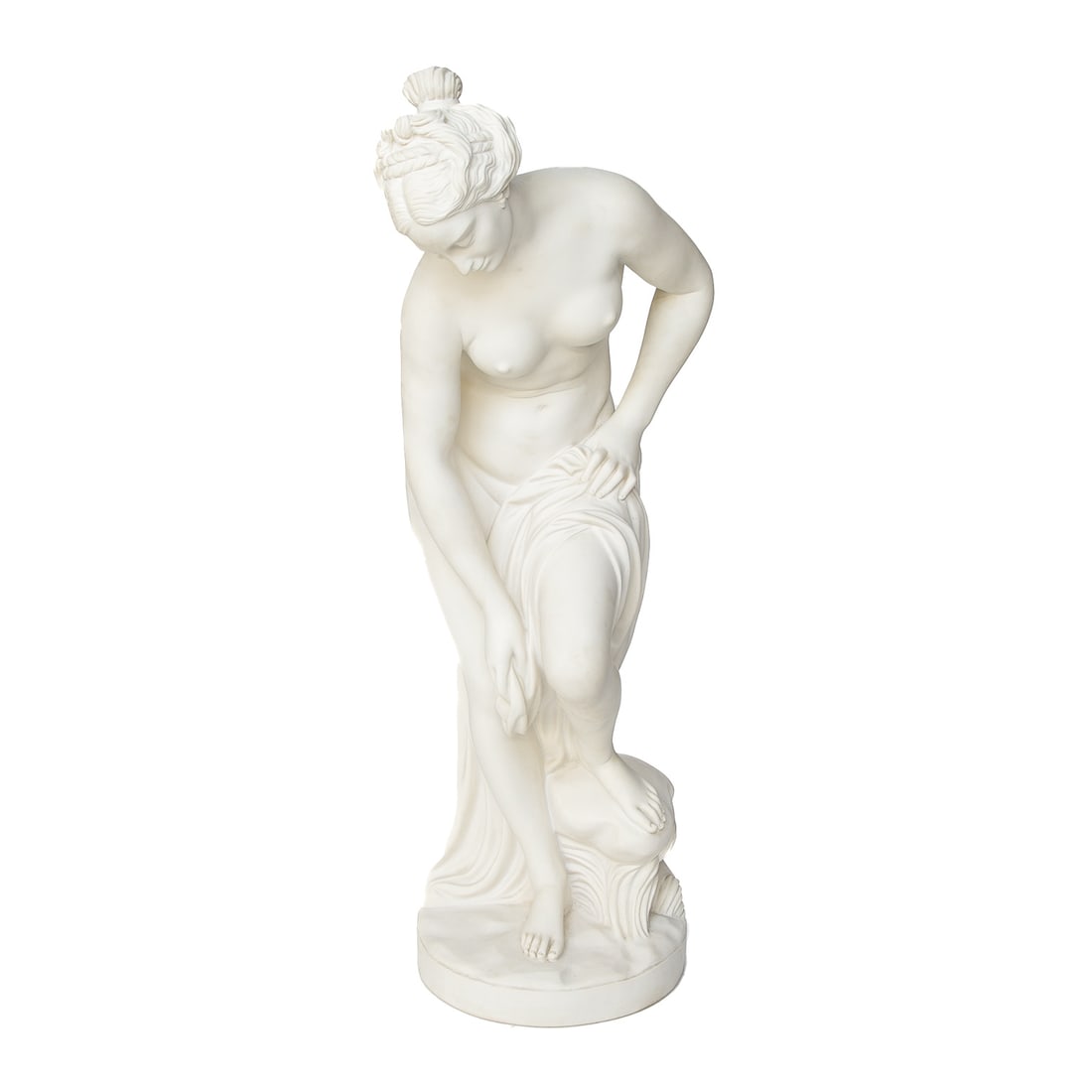 Lorenzo Dal Torrione Italian Composite Statue of Semi Nude Classical Female: Lorenzo Dal Torrione Italian Composite Statue of Semi Nude Classical Female, Depicting Female Bent Over, Cloth Draped Over Her Lower Body, Foot Raised on Rock Form, Resting on Circular Base, Signed by