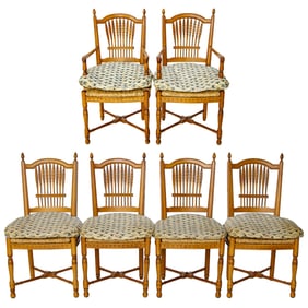 Vintage Pine Finish Wheat Back Rush Seat Dining Chairs, Six Total