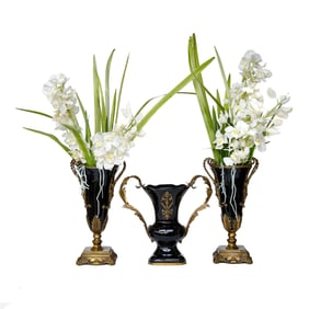 Ebony Porcelain and Bronze Mounted Vases, Three Total