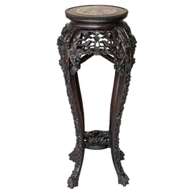 Late 19th C. Chinese Carved Teak Wood Marble Top Pedestal