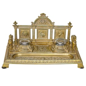20th C. Gilt Bronze and Brass Inkwell Desk Stand