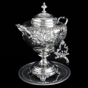 Antique English Silver Plated Tea Urn and Companion Silver Plated Round Tray