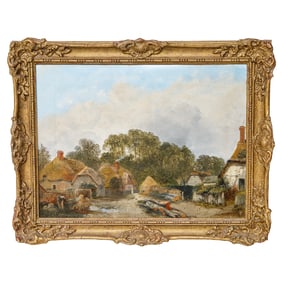 Antique C Vickers Village Scene, Oil on Canvas