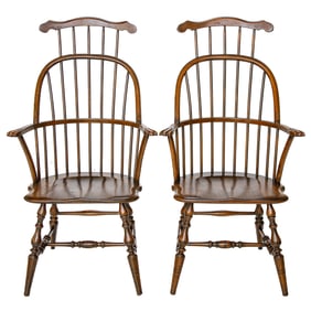 Poplar Painted Windsor Comb Back Arm Chairs, Pair