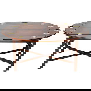 Mahogany and Yew Wood Butler's Tray on Stand Coffee Table: Mahogany and Yew Wood Butler's Tray on Stand Coffee Table, Having Brass Hinged Oval Sides All with Handles, Yew Wood Top Featuring Mahogany Cross Banded Panels, Resting on Mahogany Base Featuring Squa