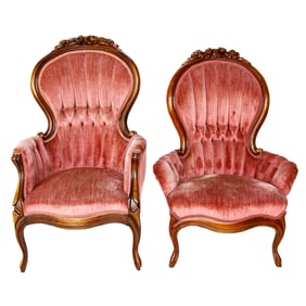 American Walnut Victorian Style Button Back Arm Chairs, Companion Pair