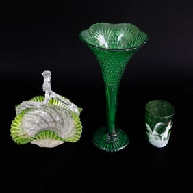 Vintage Green Glassware, Three Pieces Total