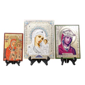 Vintage Russian Reproduction Holy Icon Decorated Plaques Plaques, Three Total