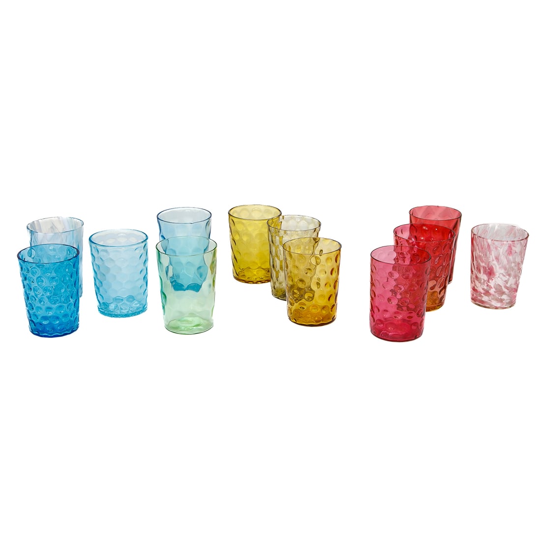 Victorian Art Glass Tumblers, Twelve Total: Victorian Art Glass Tumblers, Twelve Total, Assorted Colors, Three Amber Color, Four Blue, One Green, Four Pink. 3.75" High, 2.75" Diameter
