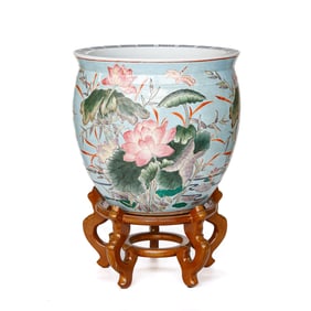Oriental Style Porcelain Decorative Fish Bowl on Wooden Stand