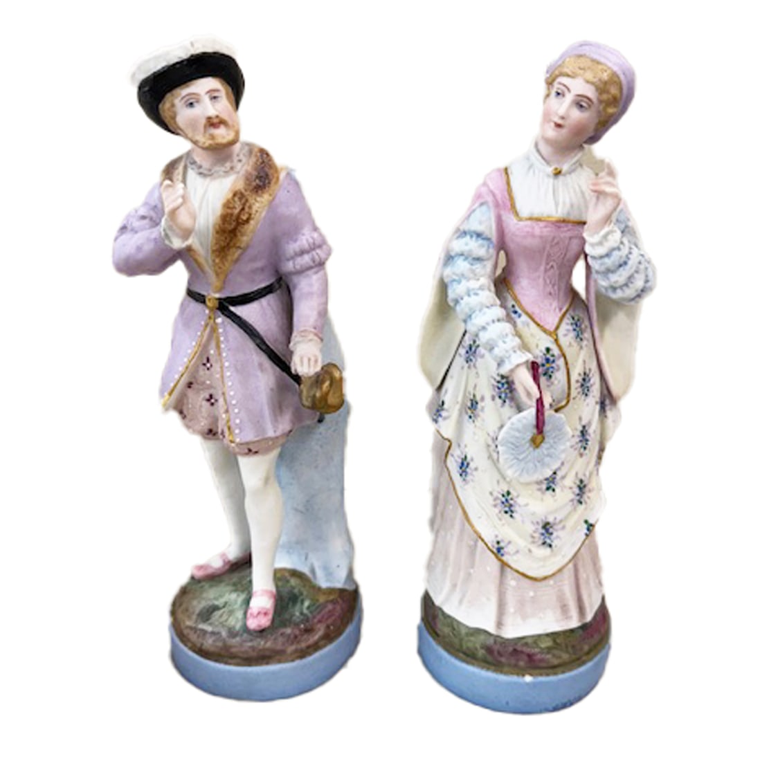 Late 19th C. Bisque Meigh and Pankhurst English Porcelain Figures, Male and Female: Late 19th C. Bisque Meigh and Pankhurst English Porcelain Figures, Male and Female, Depicting Henry VIII and Anne, Male Wearing Ebony Hat, Holding Sword, Lavender Coat and Floral Pantaloons, Female We